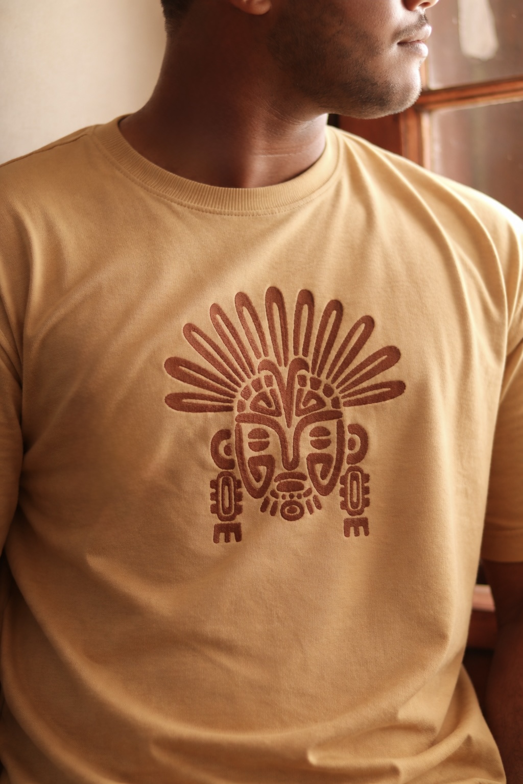 TRIBAL ART Beige Oversized T-shirt _ Embroidered 