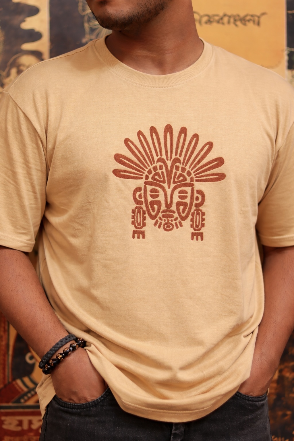 TRIBAL ART Beige Oversized T-shirt _ Embroidered 