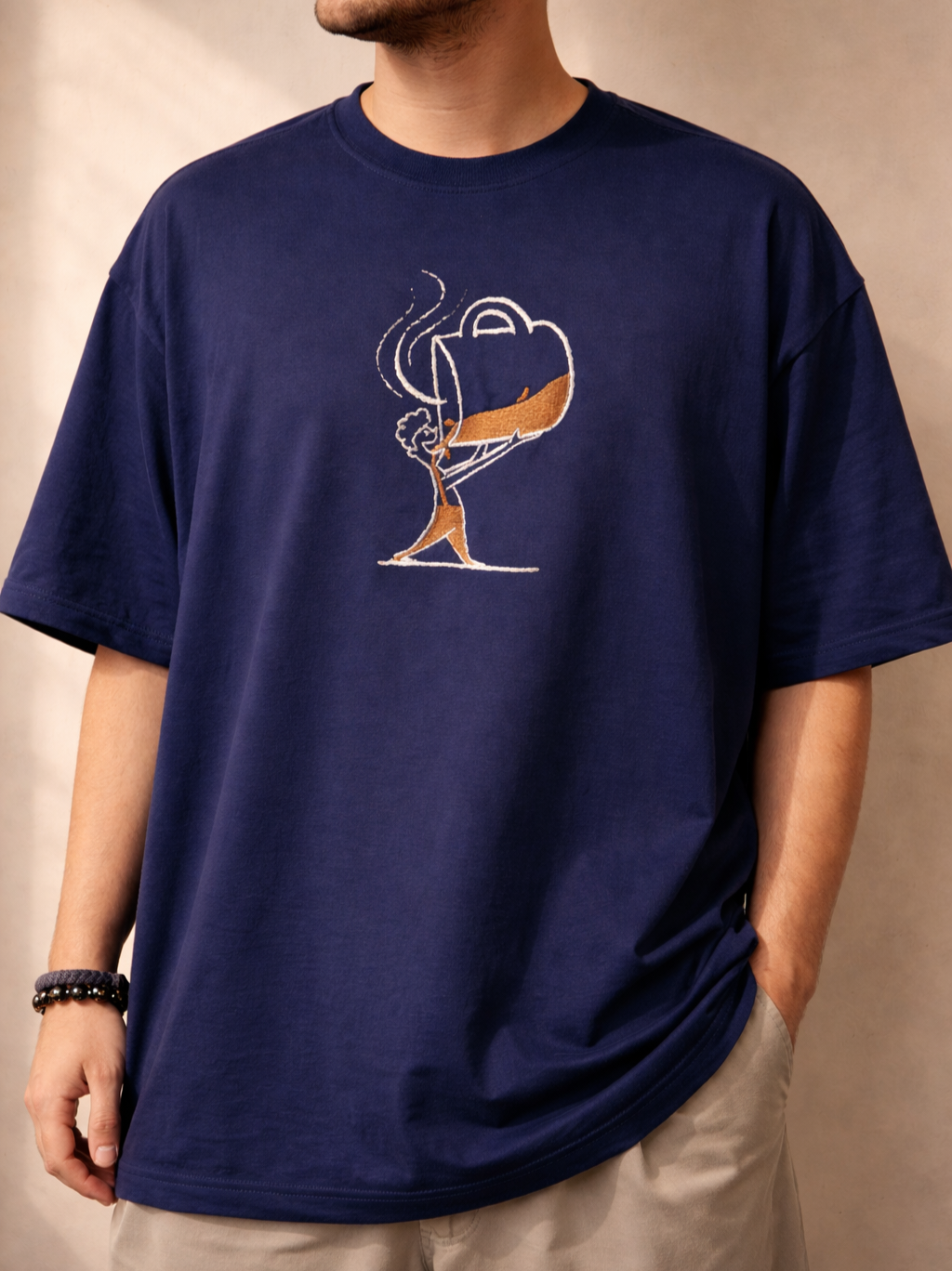 COFFEE MAN Navy blue Oversized T-shirt _ Embroidered 